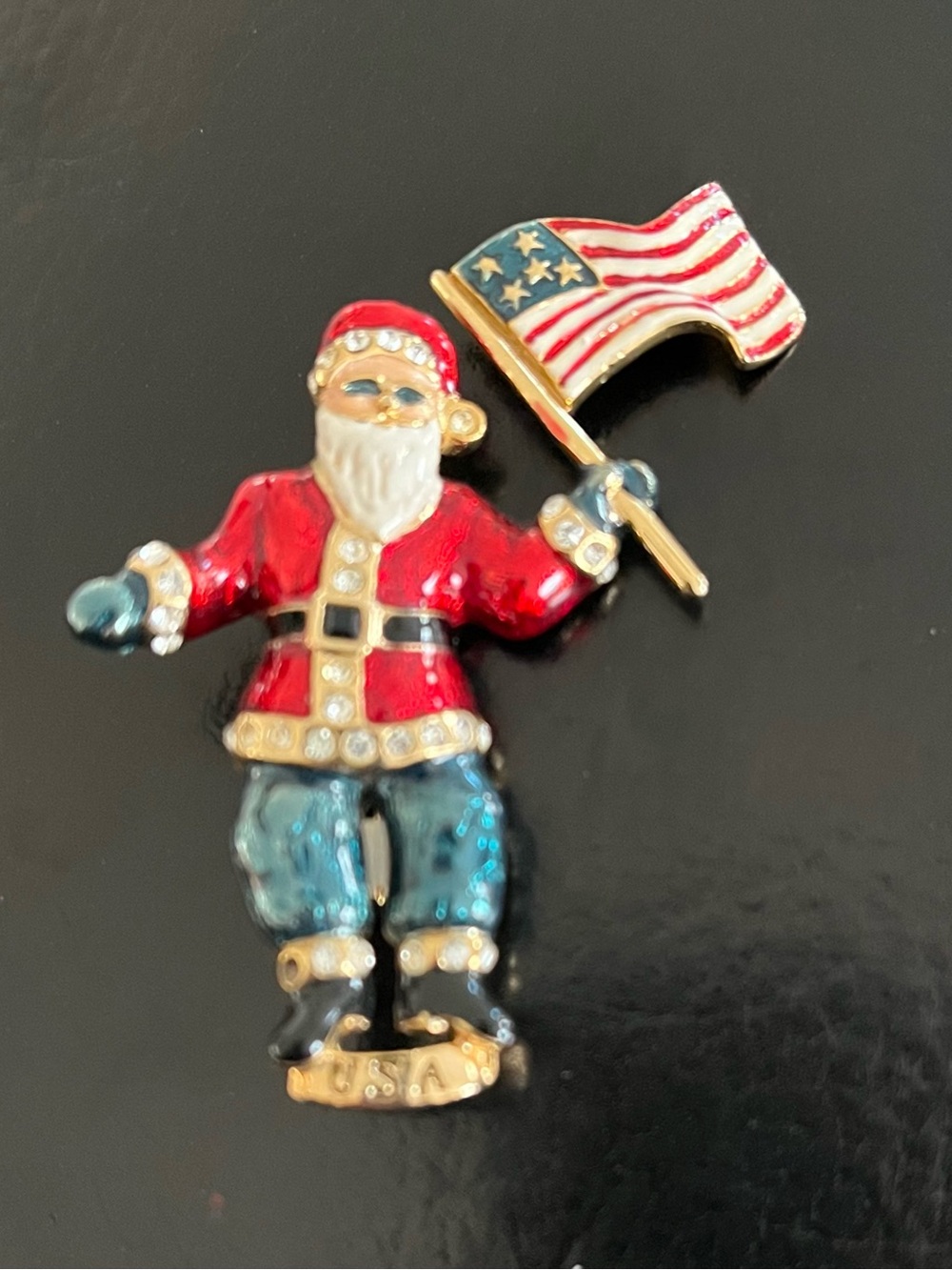 Patriotic Santa Holiday Pin – Red & Blue Enamel USA Flag Brooch Vintage!